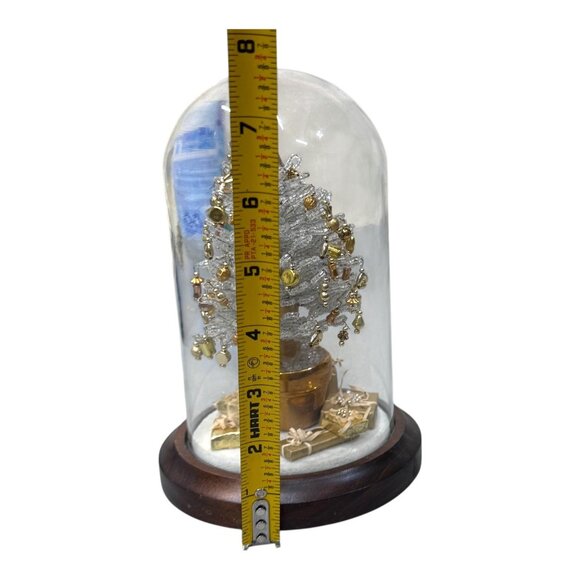 Vintage Silver Gold Beaded Mini Christmas Tree In Glass Dome Presents Wood Base - Picture 4 of 6